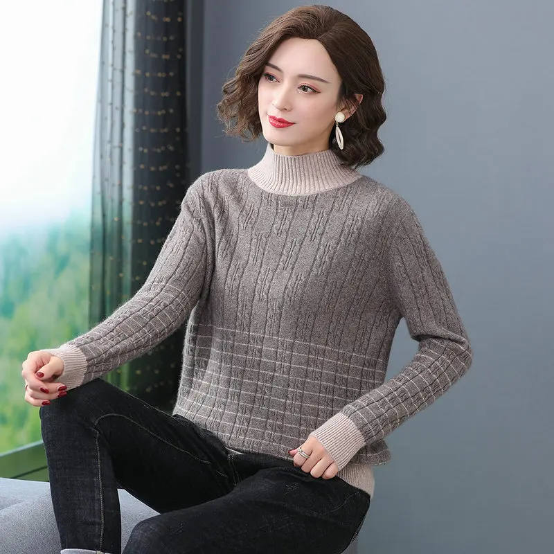 

Brown Camel Cozy Wool Pullover Sweater Women Winter Autumn Mock Neck Soft Cashmere Textured Knitting Top Jersey Striped Knitwear