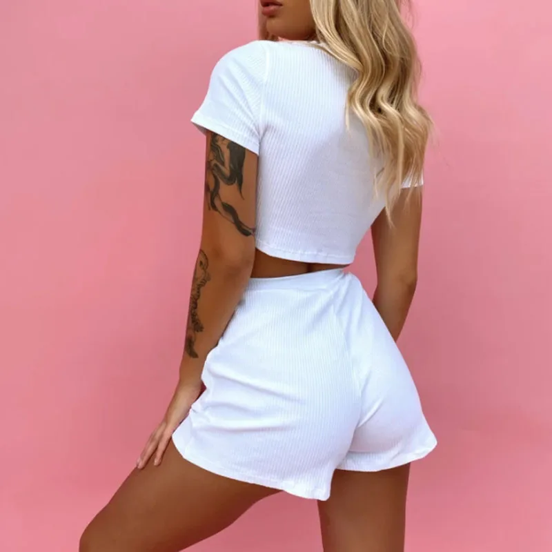 

2021 Summer Fashion Solid Rib Two Piece Sets Women Sexy O-Neck Crop-Tops And Drawstring Shorts Suits Ladies Casual Outfits Set