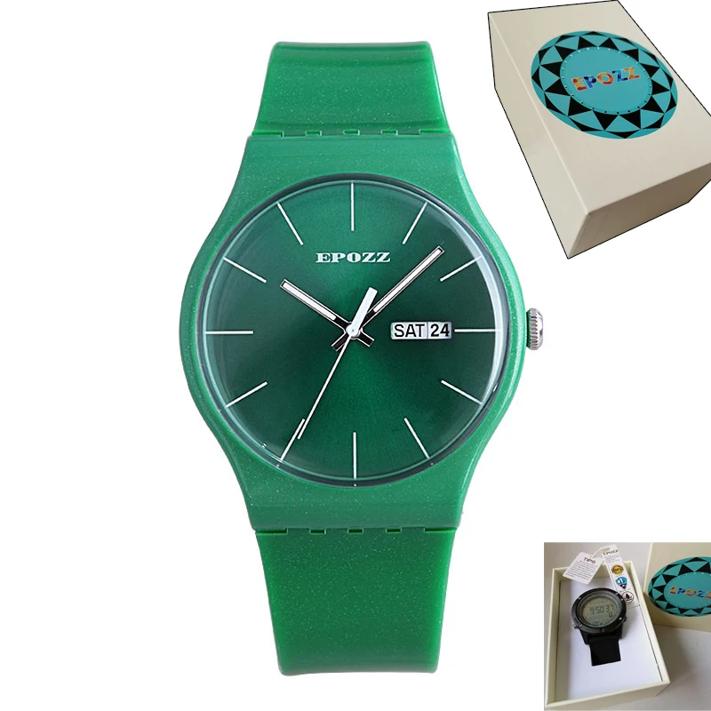 r1604 green with box Epozz светильник, тонкие простые чистые красочные женские часы, силиконовый мягкий ремешок, Женские повседневные красные женские часы, relogios feminino - Цвет: r1604 green with box