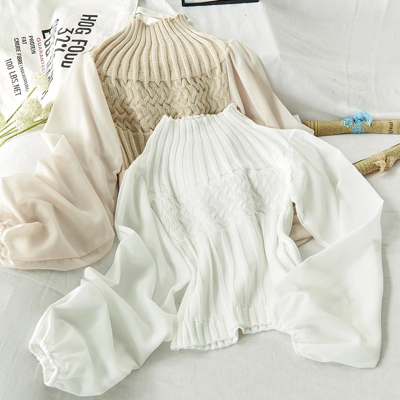 Gaganight лоскутное женский свитер с длинными шифоновыми рукавами Половина