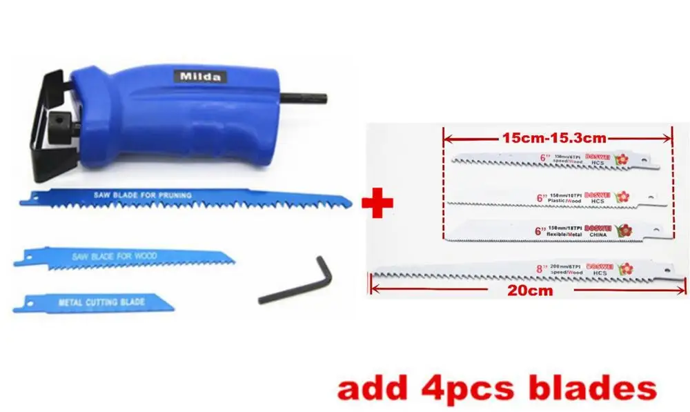 add 4pc blades Milda, новинка, аксессуары для электроинструмента, Сабельная пила для резки металла, дерева, режущий инструмент, электрическая дрель с 3 лезвиями - Цвет: add 4pc blades
