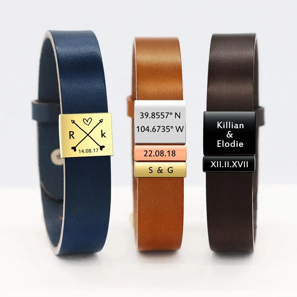 Подарочные браслеты из натуральной кожи с гравировкой имени и магнитной