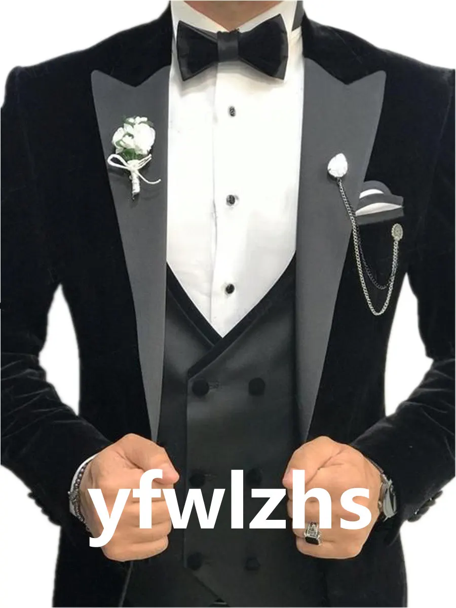 

Handsome Velveteen Groomsmen Peak Lapel Groom Tuxedos Men Suits Wedding/Prom/Dinner Best Blazer(Jacket+Pants+Vest+Tie) 317