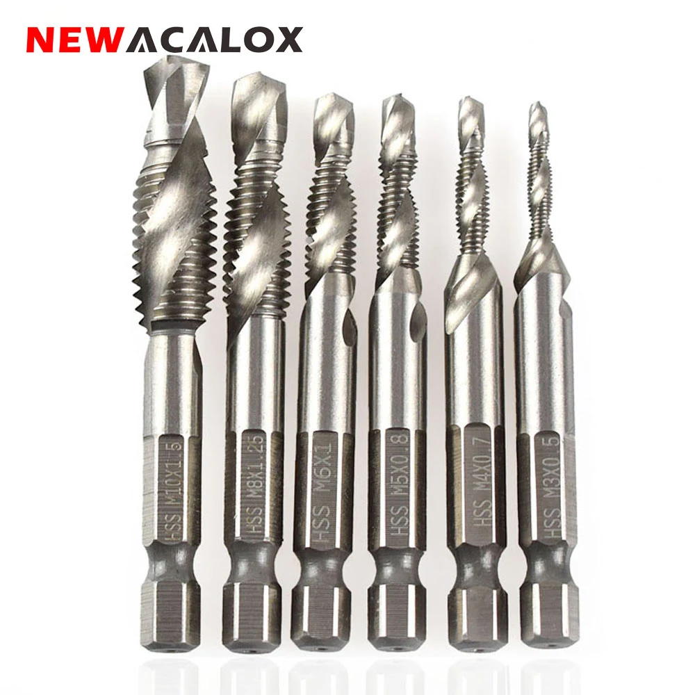 NEWACALOX 6Pcs/set M3 M4 M5 M6 M8 M10 Metric Composite Tap Drill Bit Tap 1/4'' Hex HSS High Speed Steel Thread Spiral Screw