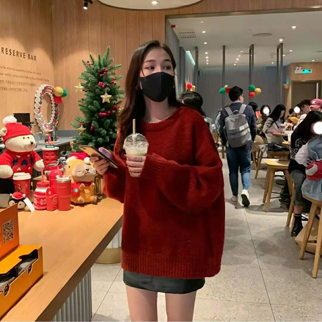 Пуловеры женские бордовые свободные милые праздничные Простые повседневные