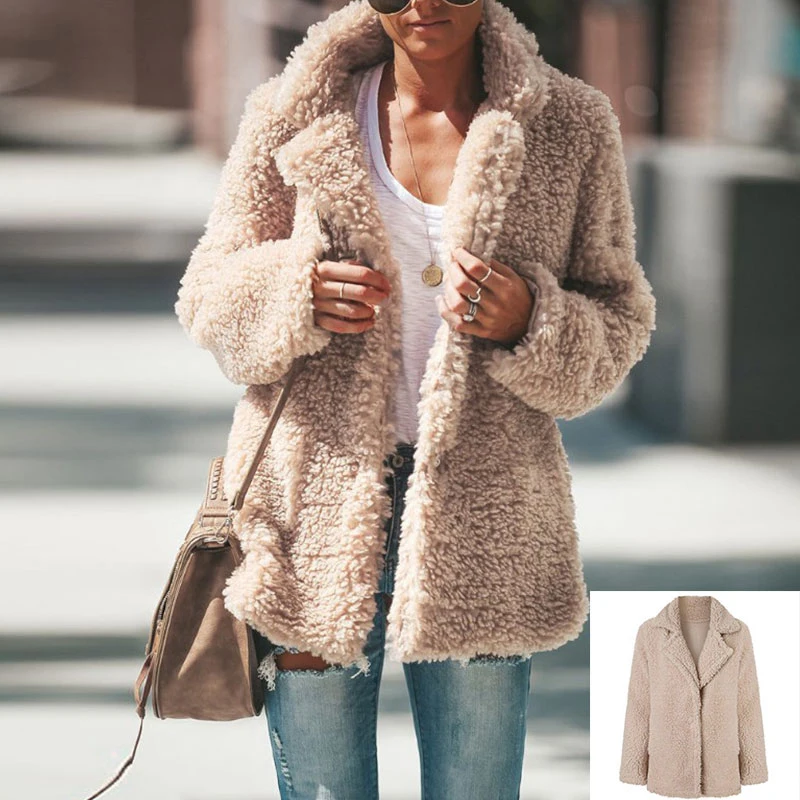 

Women Thicken Faux Fur Coat Fleece Sweatshirts Cardigan Autumn Winter Female Overcoat Turn Down Collar Long Sleeve Plush Jacket