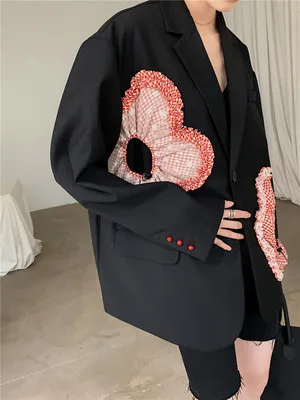 

Fashionable Loose Black Blazer Feminino Floral Appliques Long Sleeve Outfits Korean Blazer Mujer Suit Designer 2020 Autumn Coat