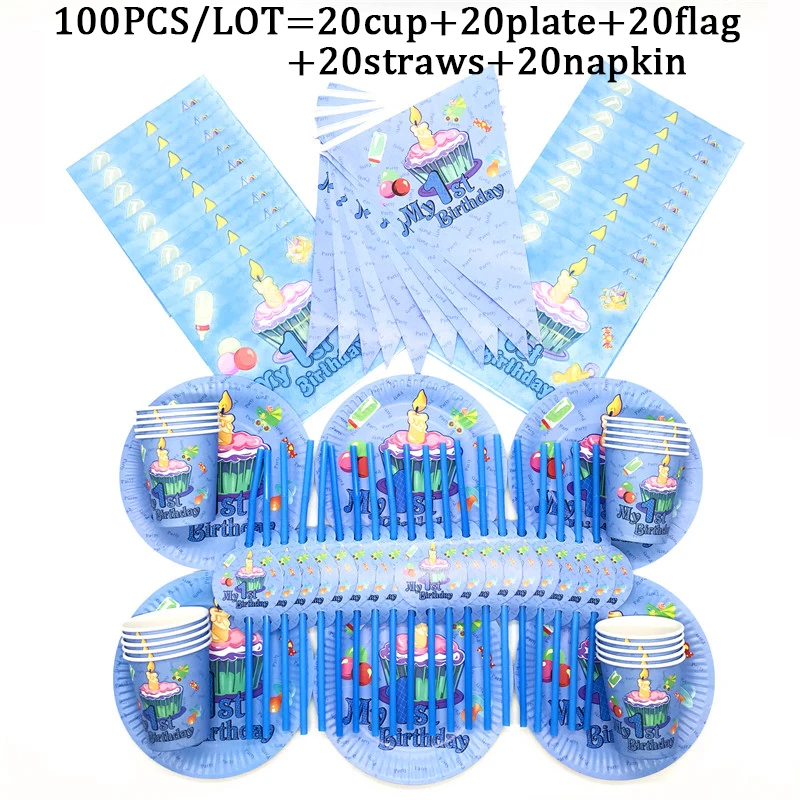 

1st Birthday Boy Decoration Gift Bags Disposable Cup Plates Straws Hat Tablecloth Tableware Baby Shower Birthday Party Supplies