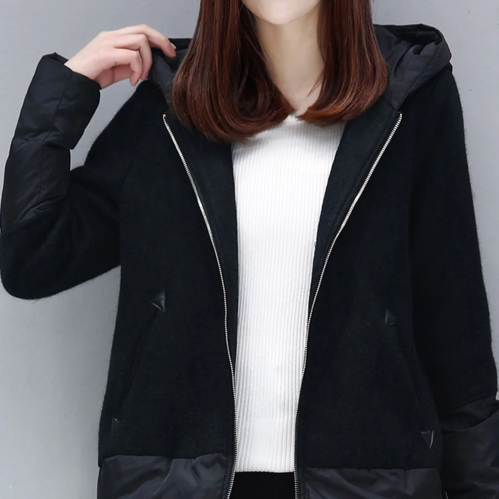 

Patchwork Color Hoodie Wool Coat for Women Hoody Outwear Autumn Outwear Female Overcoat Female Streewear