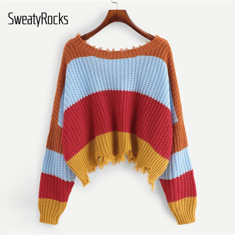 SweatyRocks цветной блок v-образный вырез необработанный край свитер женский консервативный цветной свитер уличная Осень Женские Повседневные свитера