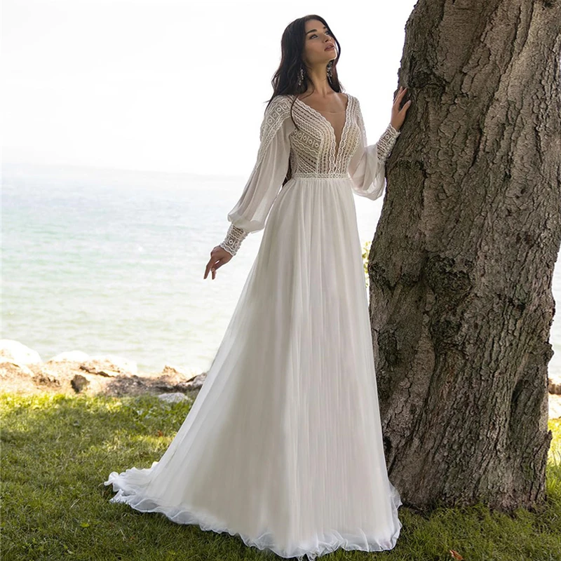

Женское шифоновое платье-трапеция, элегантное кружевное платье с пышным рукавом и V-образным вырезом, пляжное платье невесты в богемном сти...