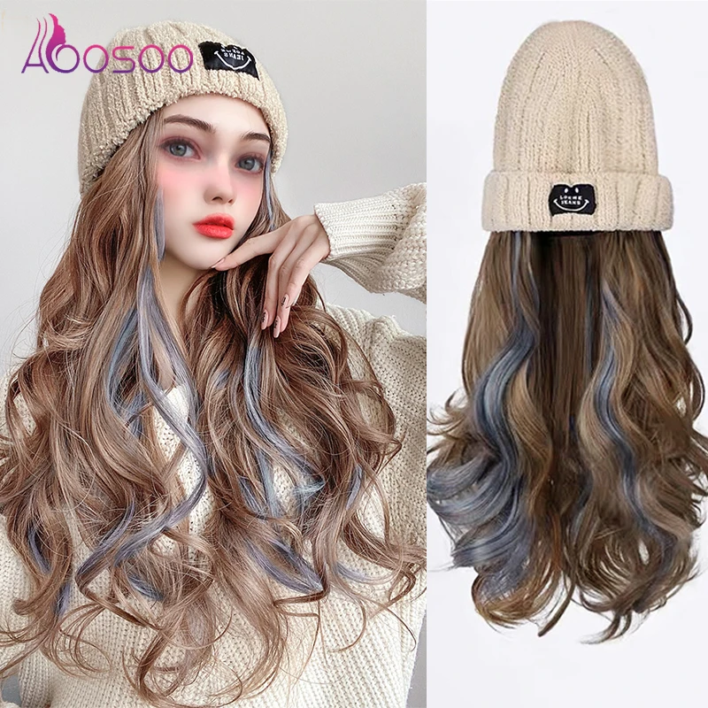Blue Highlighted Hair Synthetic Big Wave Knitted Hat Wig Thicken Warm Women's Autumn and Winter Heat Resistant Wig Hat with Hair