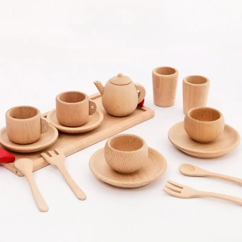 

1Set Wooden Tableware Tools Tea Pot Tea Cup Teatime Party Play Toy Dollhouse Miniature Kitchen Tableware Accessories for Kids