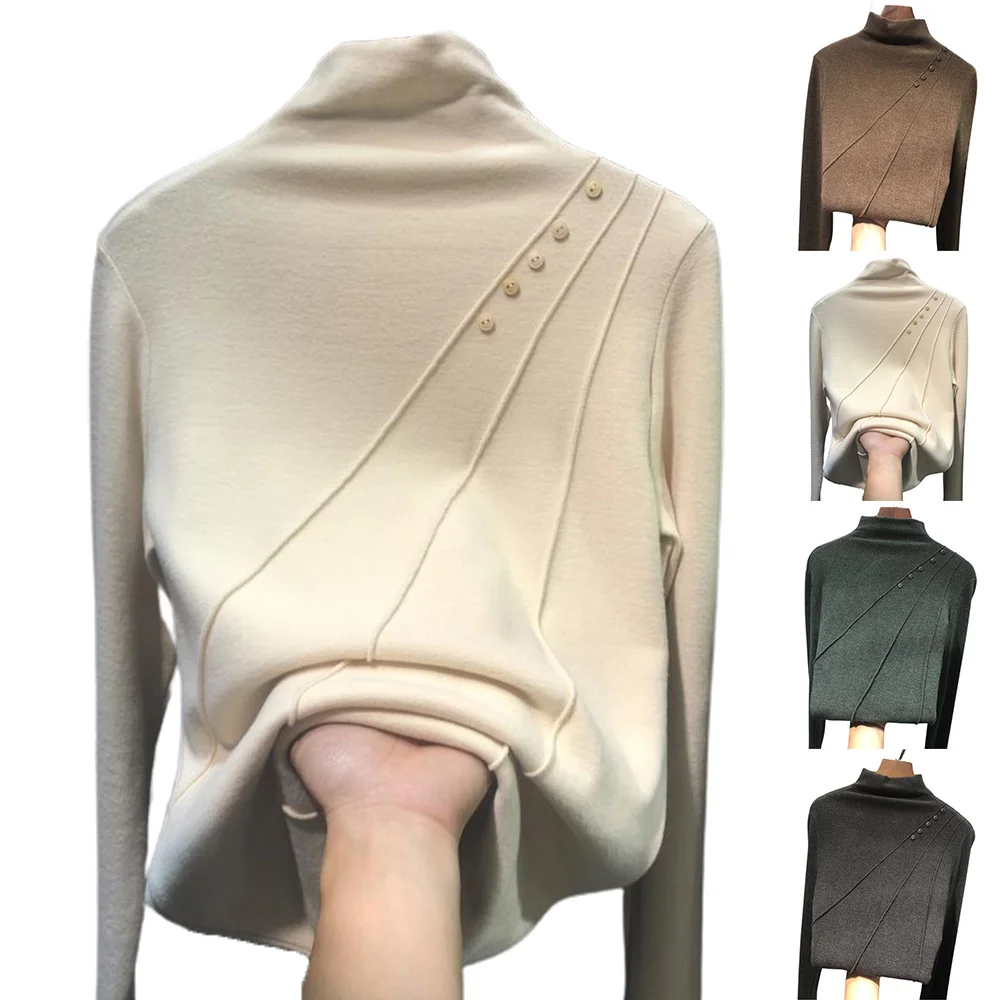 

Half High Collar Women Fleece Bottoming Shirt Solid Color Ladies Pullover Tops