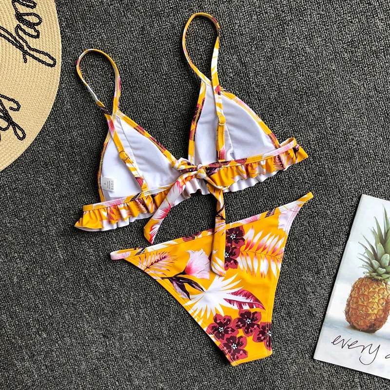 

Sexy Ruffles Patchwork Straps Push Up Bikini 2019 New Arrival Swimwear Women Beachwear Padded Bra Low Waist Swimsuit