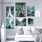 Настенная картина Зимний лес на холсте, постер с оленем, принт гор, озер, скандинавские настенные картины для украшения гостиной