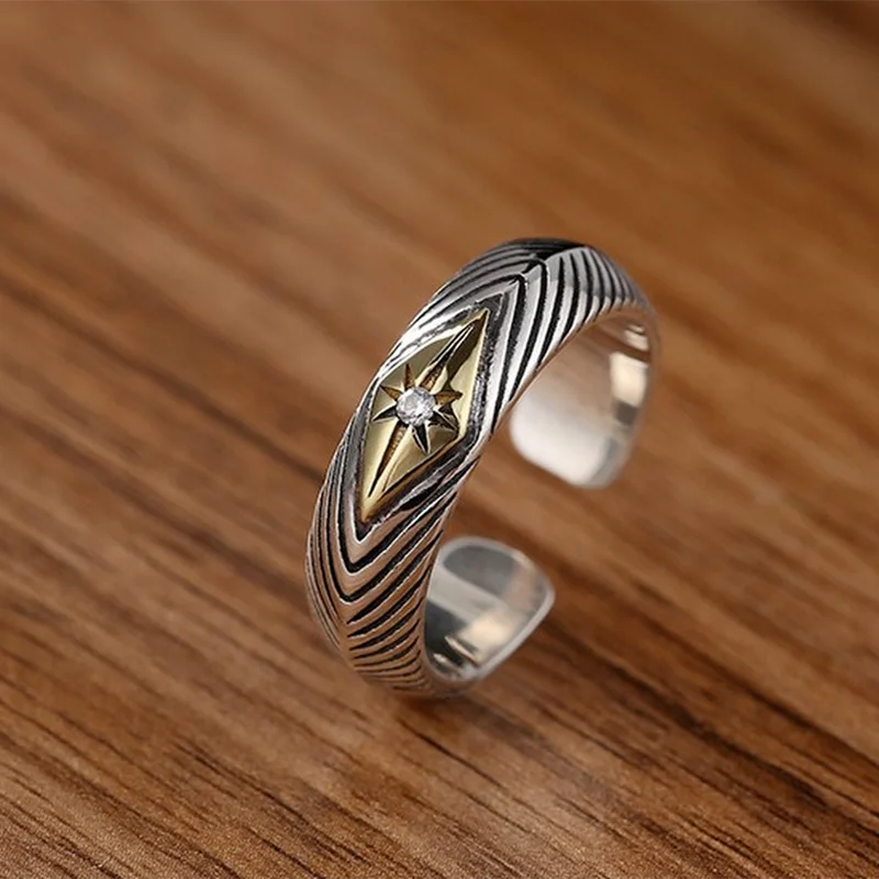 

Men's Personality Diamond Wave Stripe Open Ring Thai Silver Retro Hipster Fashion Index Finger Ring Gift Wholesale Jewelry