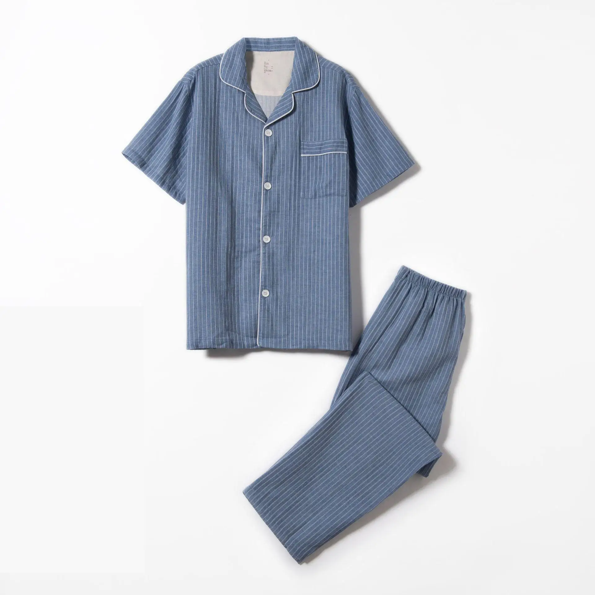 M-XL Cotton Mens Pajama Sets Spring Summer Male Sleepwear Suits T Shirt+Pants 2pcs Short Sleeve Striped Man Clothes H78