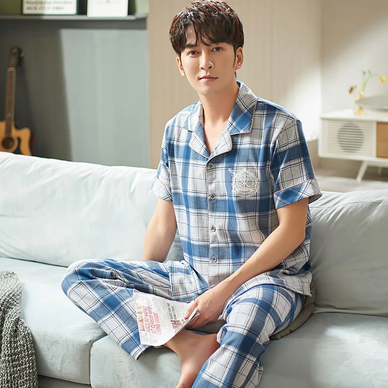 Summer Cotton Man pajamas Set Sleep Tops Pants Thin Sleepwear Loungewear Conjuntos de pijama hombre pijama masculino pyjama New
