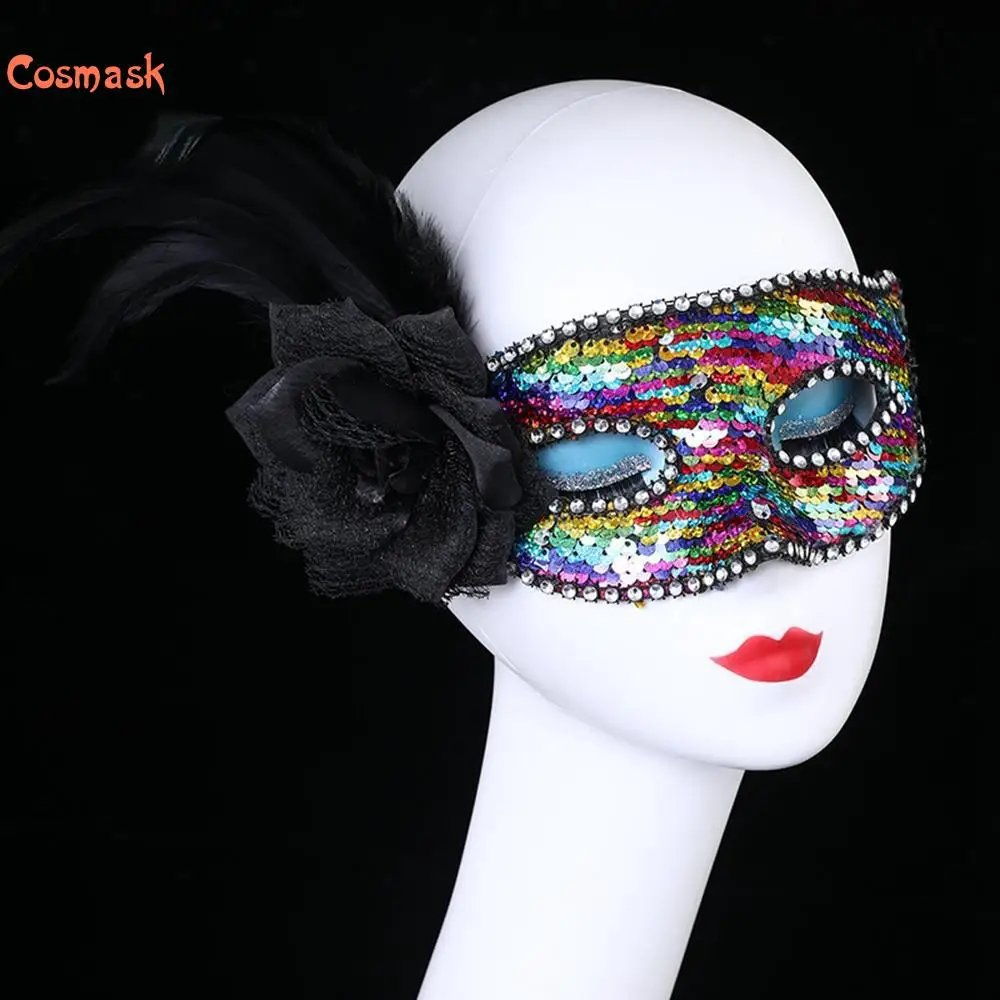 

Космаст Хэллоуин пикантная маска с блестками для выпускного вечера с боковыми розовыми перьями полумаска для лица для карнавала вечевечер...