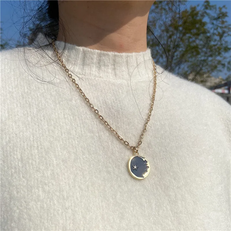 Painting Necklace For Women Moon Star Oil Drip Fashion Pendant Necklaces Long Chains Round Jewelry Friendship Gifts | Украшения и