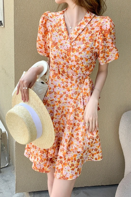 

COIGARSAM Floral Print Women dress New Summer Puff Sleeve Belt High Waist Dresses Orange Green 2048