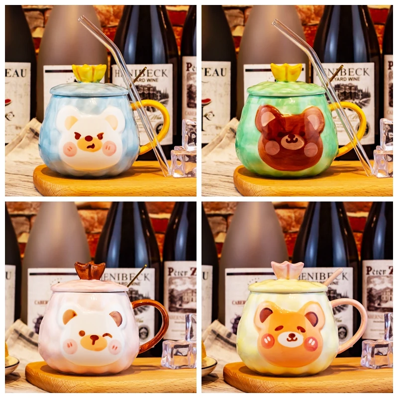 

Керамическая кружка с милым медведем, с крышкой и ложкой, для дома, офиса, для студенческого завтрака, кофе, молока, воды, чая, набор чайных ча...