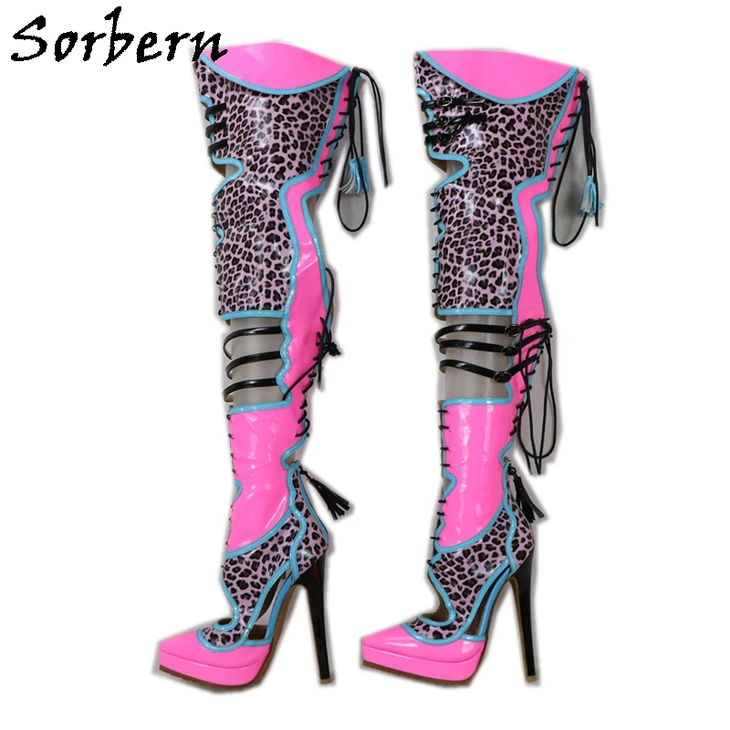 Sorbern Customized Mid Thigh Boots Women Pointed Toe Platform  High Heel Stilettos Leopard Shiny Hot Pink Fetish Shoes Lace Up