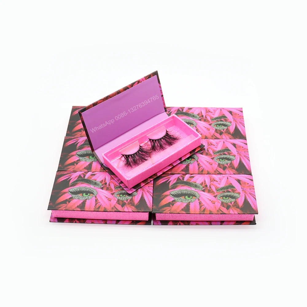 

Customized Pink Marijuana Eyelashes Packaging Box Wholesale Eyelashes 3D Mink Lashes Handmade Fluffy Dramatic Lashes Makeup