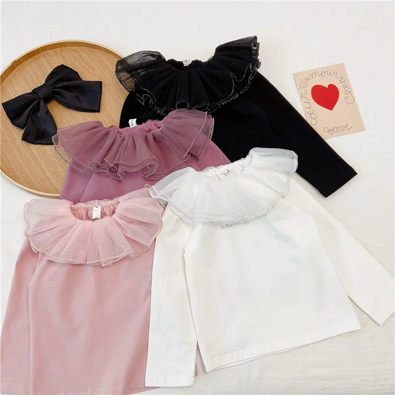 

Children's T-Shirt Girls Autumn Coat New Baby Long-Sleeved Yarn Collar High-elastic Knitted Bottoming Shirt Top