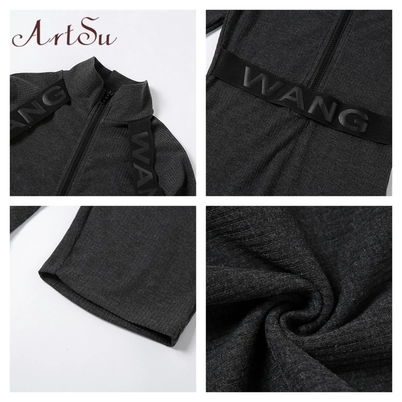 

Artsu Letter Printed Ribbed Jumpsuit Women Fall Long Sleeve Zipper Playsuit Elastic Shorts Romper Overalls 90059