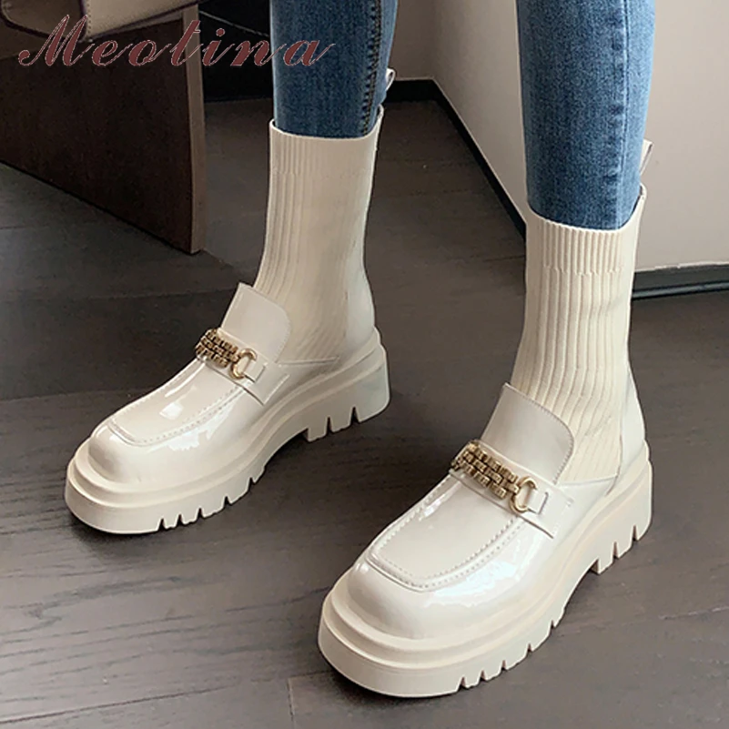 

Meotina Women Genuine Leather Ankle Boots Chain Sock Boots Platform Flat Shoes Slip On Round Toe Lady Boots Autumn Winter Beige