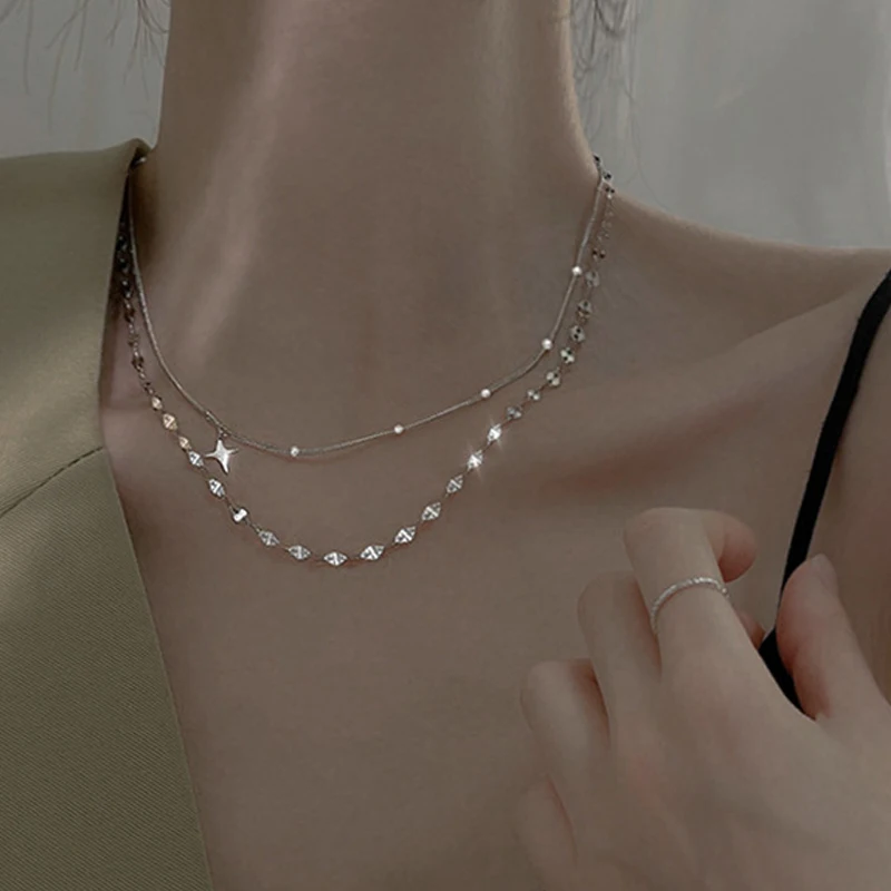 

Temperament Silver Color Double Layer Cross Star Necklace for Women Punk Hip Hop Choker Korean Jewelry