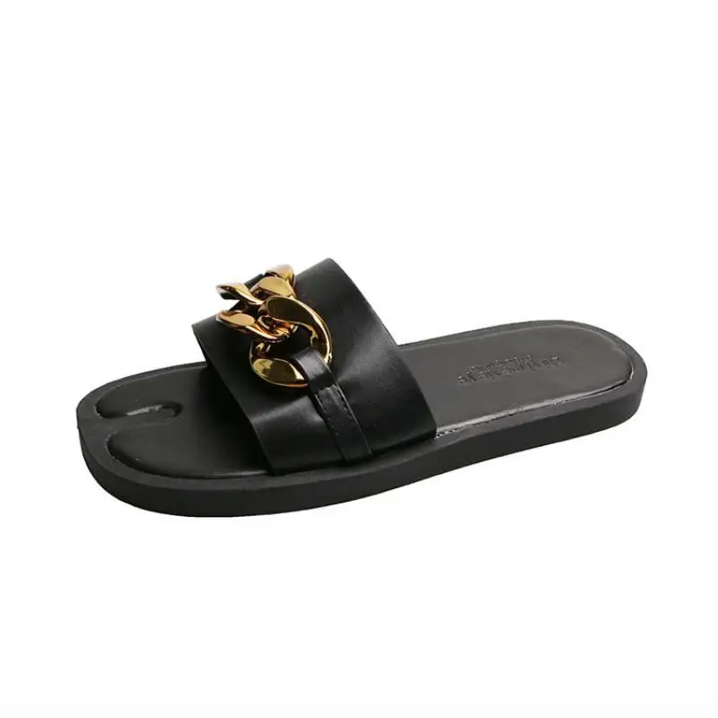 

Slippers Women Slip On Slides Fashion Metal Decoration Square Toe Shallow Flat Sandals Female Outdoor Casual Slippers Flip Flop