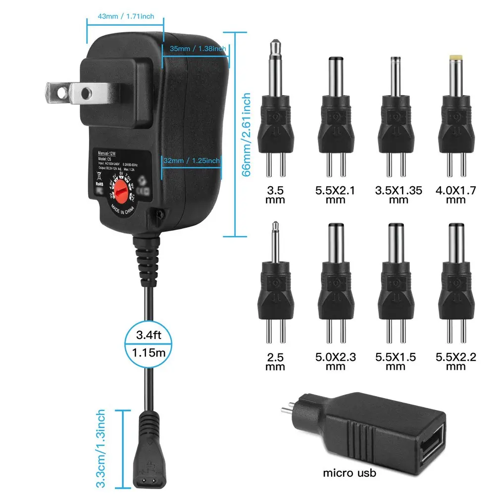 3-12 В 12 Вт Регулируемый источник питания с DC USB наконечниками многофункциональное
