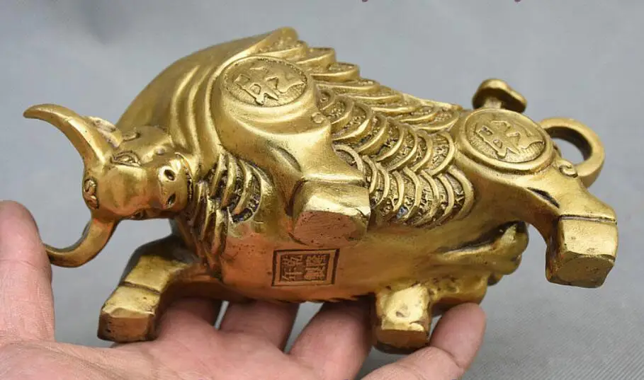7&quot Chinese Folk Feng Shui Brass Wealth Coin Rich strong Zodiac Bull Oxen Statue | Дом и сад