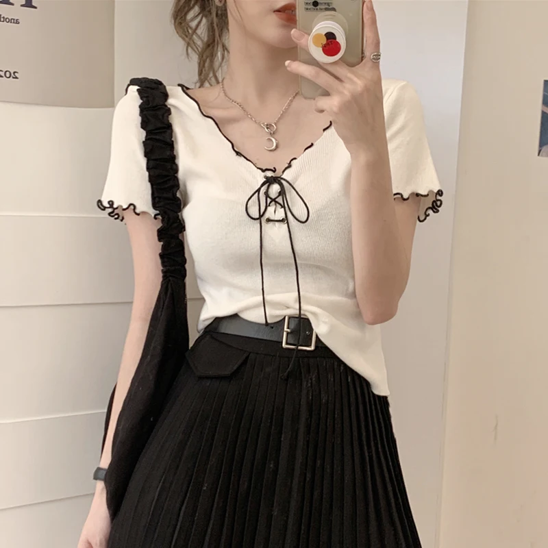 

Large Size Short-Sleeved T-shirt for Women 2021 New Summer Fat Girl Sweet and Spicy Style Ruffled V-neck Lace-up Skinny Short