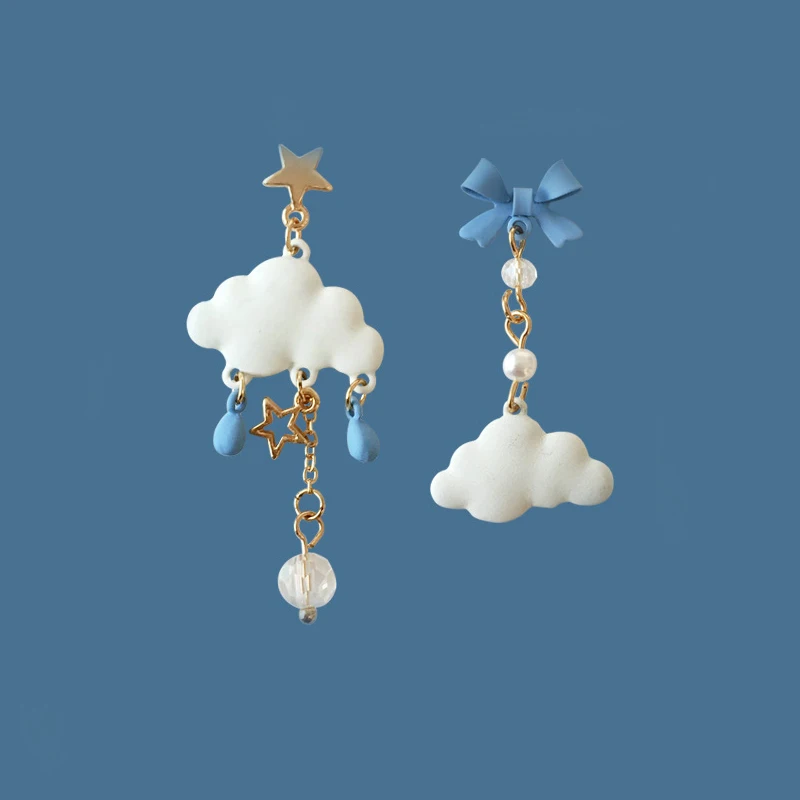 

Cute girly tassel bow earrings personality sweet cloud asymmetrical earrings