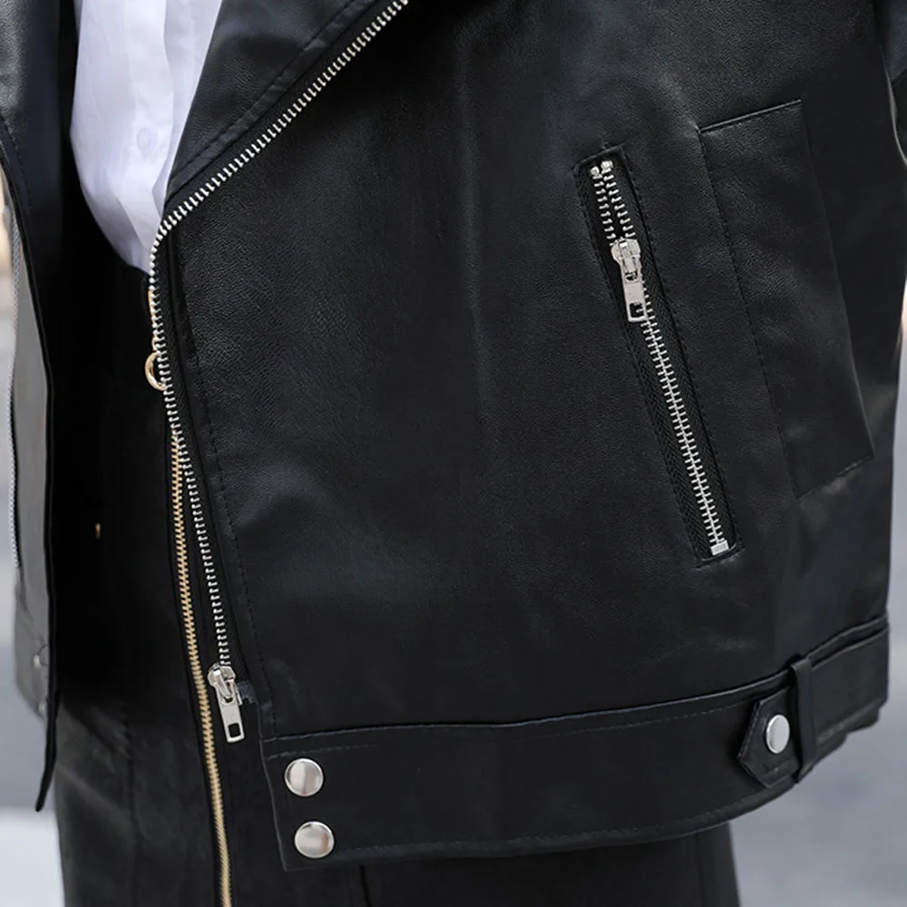 Женская мотоциклетная куртка из искусственной кожи черная на осень и зиму 2019 |