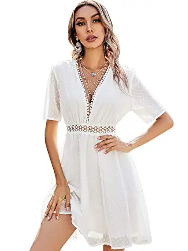 

Women's Summer Contrast Lace V Neck Short Sleeve A Line Mini Dress