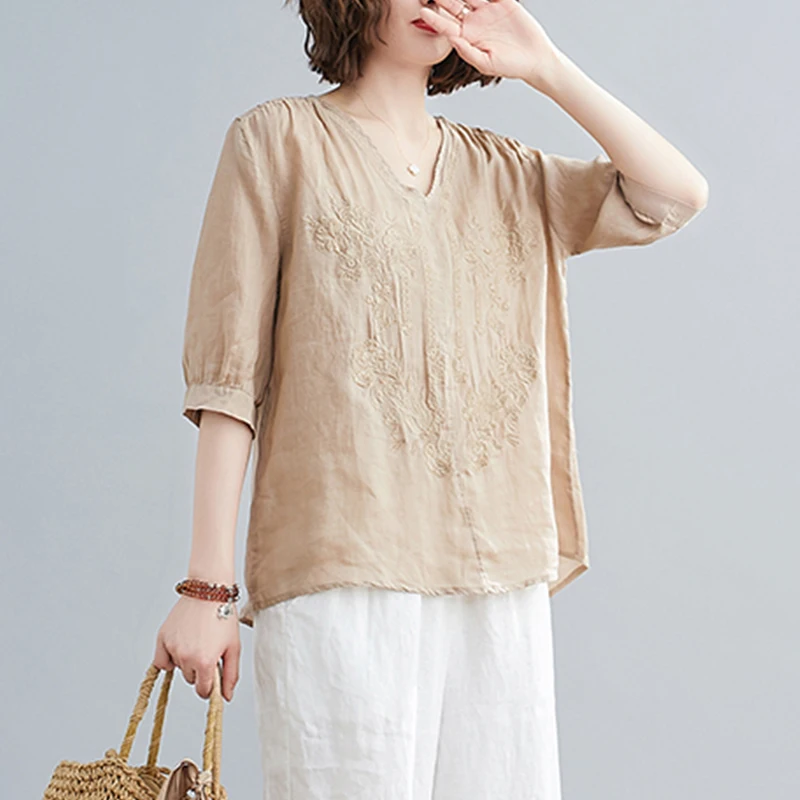 Тонкая женская блузка с вышивкой лето 2021 новая однотонная свободная