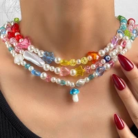 harajuku candy color clear crystal irregular pearl beaded necklace for women geometry butterfly evil eye y2k aesthetic jewelry