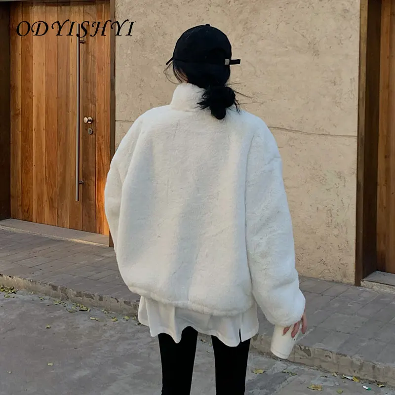 

Faux Rabbit Fur Coat Furry Stand Collar Thick Sweater Women Autumn Winter New 2020 Vintage Wild Short Jacket Loose Warm Outwear