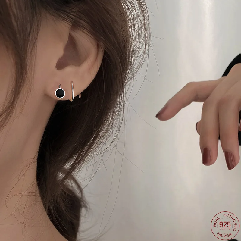

Punk Hip Hop Style Silver Black Circle Drop Glaze Earring 925 Rotate Circles Geometry Earring For Sweet Cool Girl Women Earring