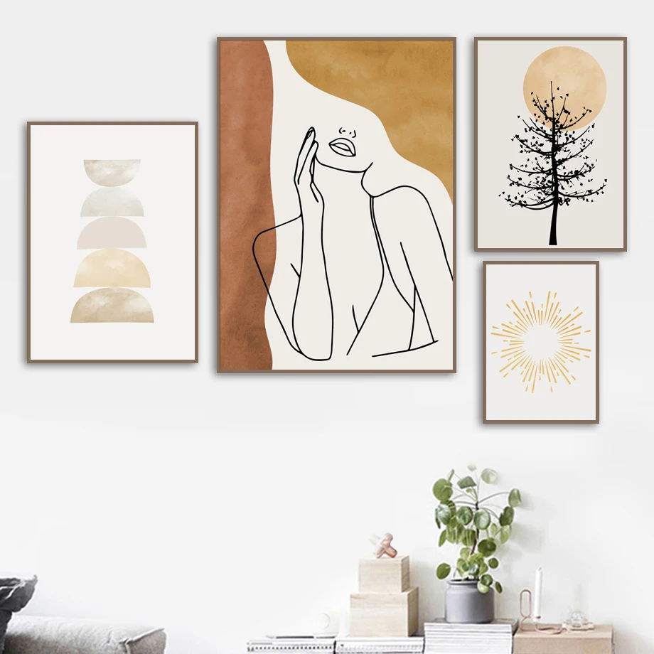 Girl Body Sun Tree Curve Abstract Retro Wall Art Canvas Painting Nordic Posters And Prints Pictures For Living Room Decor | Дом и сад