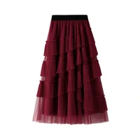 fashion new chic layered ruffles pleated tulle skirt jupe femme autumn winter black blue gothic high waist long skirts for women
