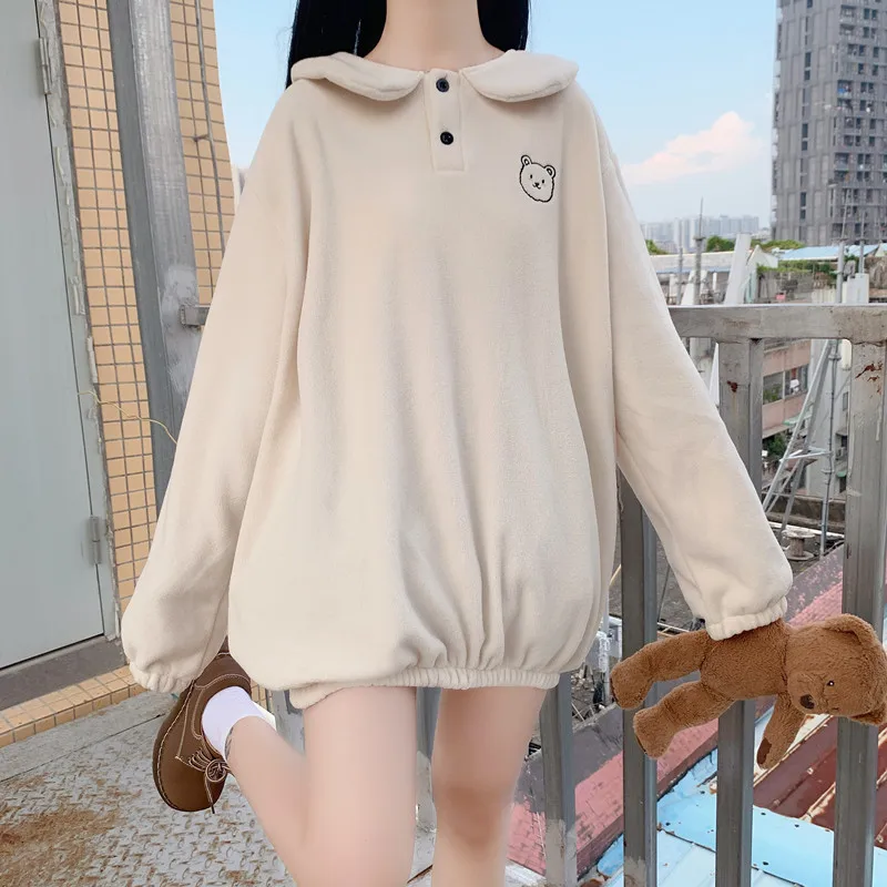 

Japanese Winter Sweet Preppy Style Pullover Kawaii Peter Pan Collar Bear Embroidery Full Sleeve Lambswool Sweatshirts For Woman
