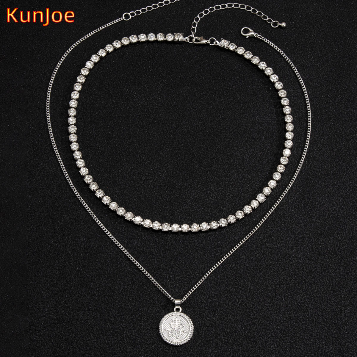 

KunJoe Bohemia Retro Round Shape Coin Pendant Crystal Tennis Chain Necklace For Women Choker Geometric Necklaces Hip Hop Jewelry