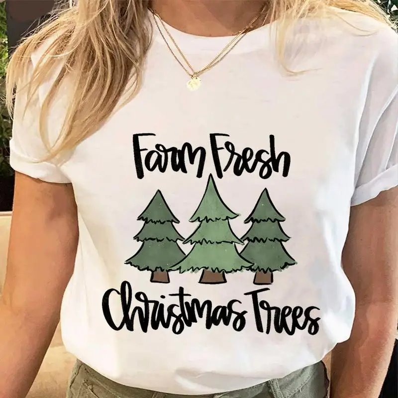 

Christmas Women Holiday Tshirt Female Clothes Tops Ladies Fashion Tree Clothing 90s Cartoon Print Tees New Year Graphic T-Shirt