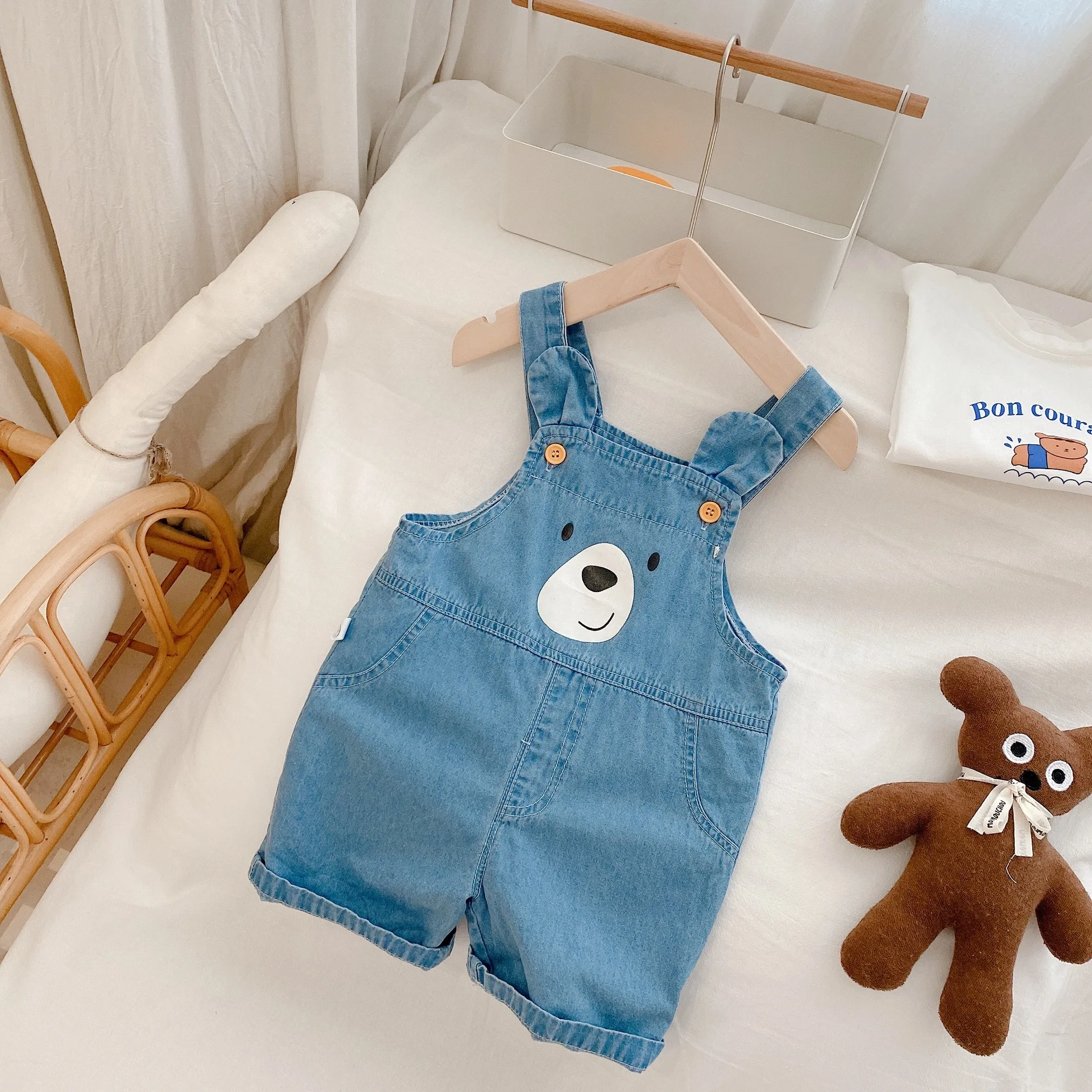 

2021 Summer Baby Solid Suspender Jumpsuit Brand New Bear Print Bodysuit Newborn Sleeveless Thin Denim Overalls Infant Clothes
